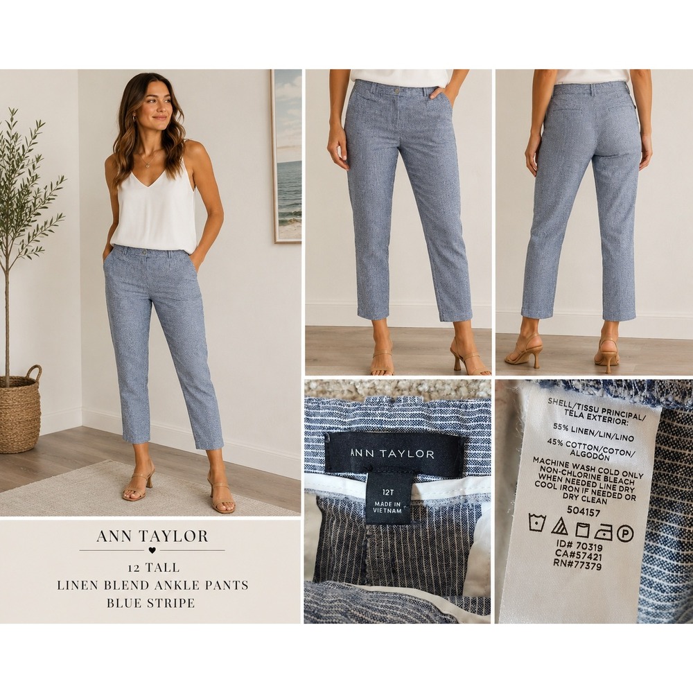 Ann Taylor Blue Stripe Linen-Blend Ankle Pants - 12T